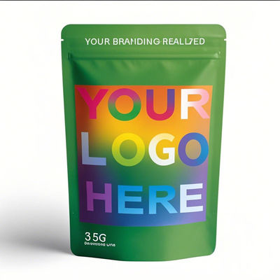 Sacchetti Stand Up Alimentari con Cerniera in Plastica Laser Tereo da 3,5 g, 7 g, 14 g, 28 g, Personalizzati all'Ingrosso, Stampati su Mylar, Antiodore, con Finestra