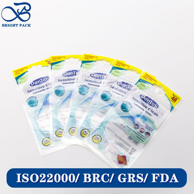 Sacchetto di imballaggio in plastica con design e dimensioni personalizzate in materiale laminato con stampa del logo per l'imballaggio del filo interdentale all'ingrosso.