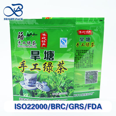 Sacchetti ecologici per l'imballaggio del tè con rivestimento in foglio di alluminio e cerniera chiudibile.