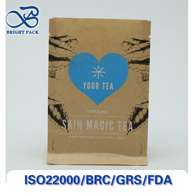 Sacchetti di carta kraft a otto lati sigillati, riciclabili e compostabili, per confezionamento tè, con stampa e dimensioni personalizzabili.