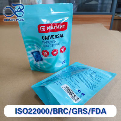 Sacchetti stand-up a prova di perdite per l'imballaggio di capsule per bucato, spessore personalizzato con cerniera a prova di bambino.