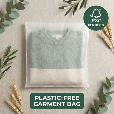 Lussuoso sacchetto in glassine di plastica zero, verde eco-consapevole, per imballaggi di abbigliamento riciclabili certificati, indumenti conformi all'UE